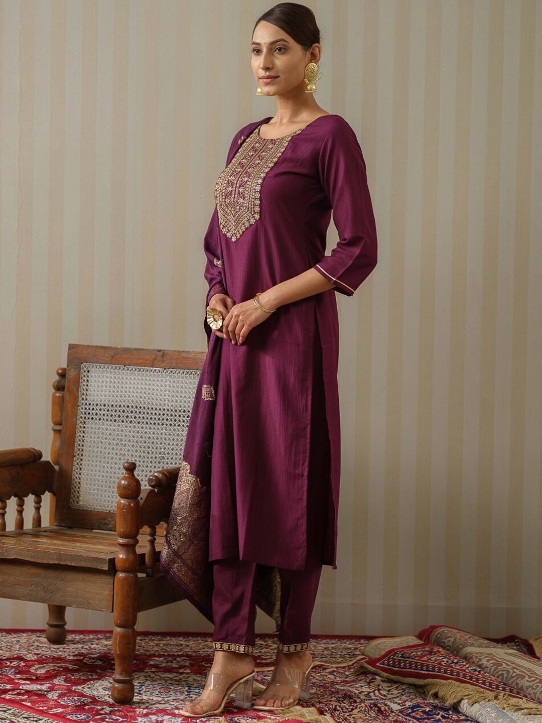 Dhiyona OD Purple Ethnic Motifs Straight Kurta & Trousers With Dupatta