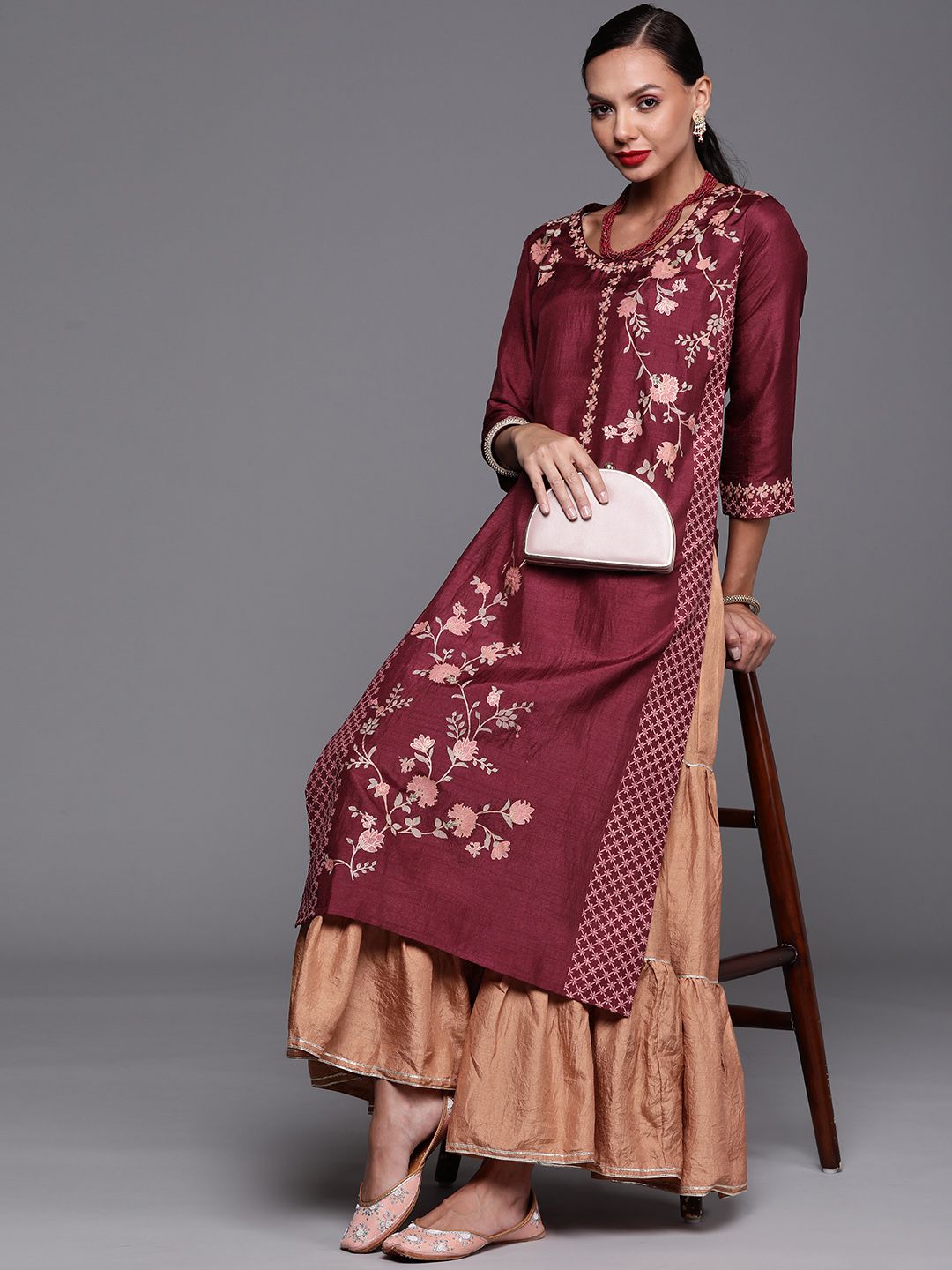 Dhiyona IE Women Maroon & Beige Ethnic Motifs Printed Kurta