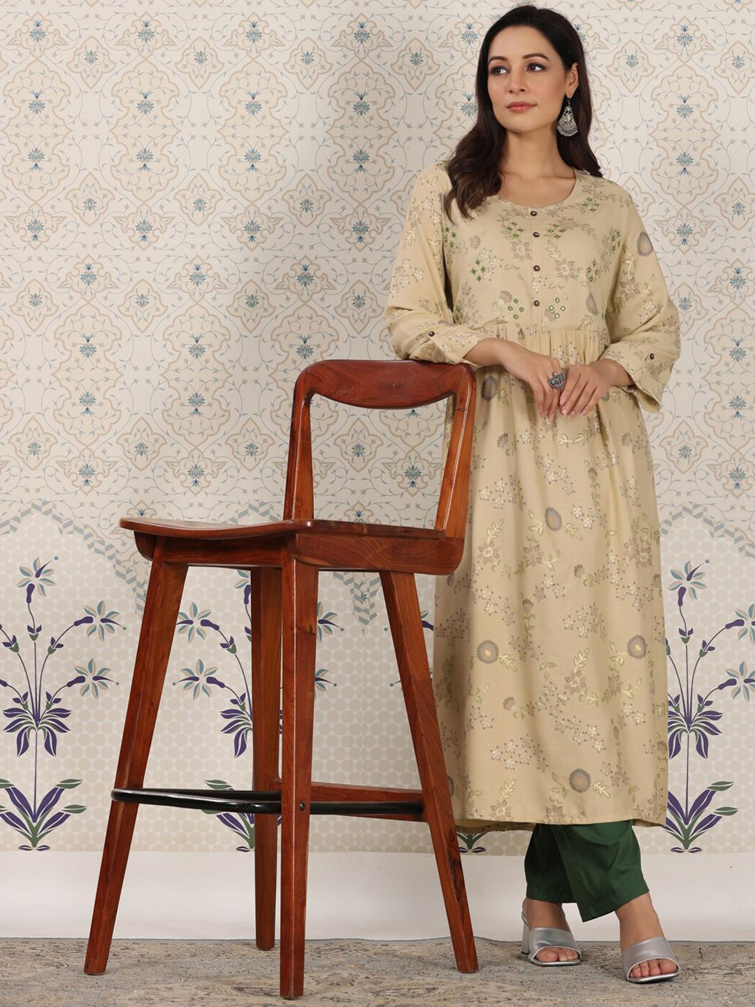 Dhiyona OD Ethnic motifs Printed Mirror Work Detailed A-Line Kurta