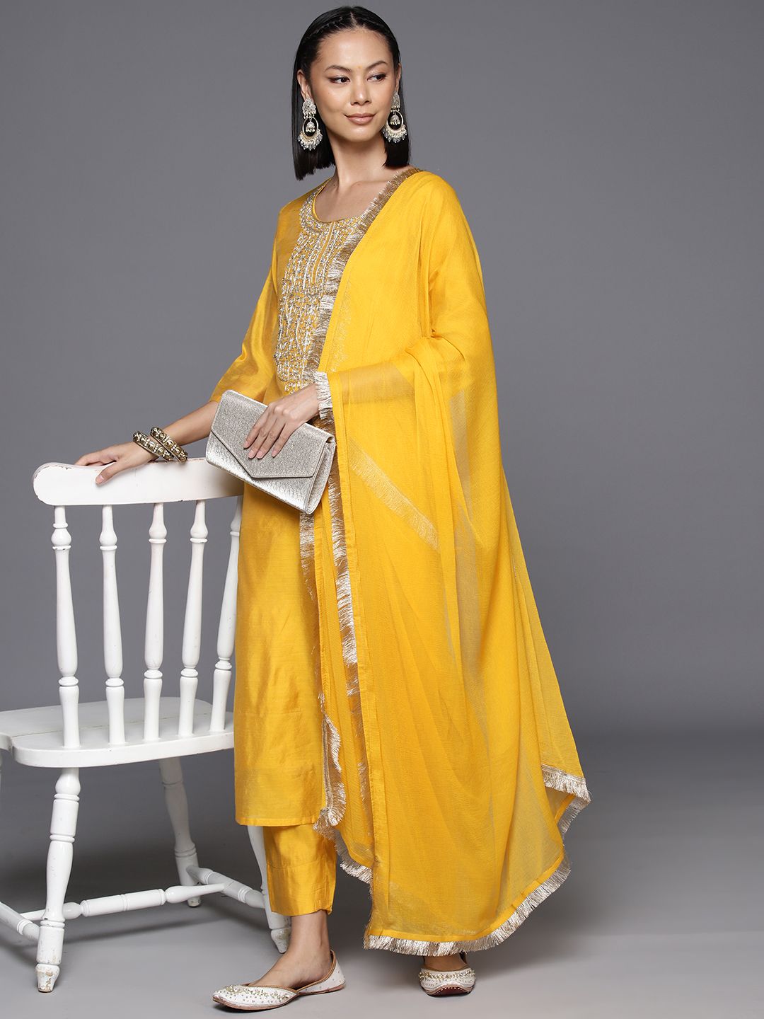 Dhiyona VA Women's Ethnic Motifs Embroidered Chanderi Silk Kurta with Trousers & With Dupatta