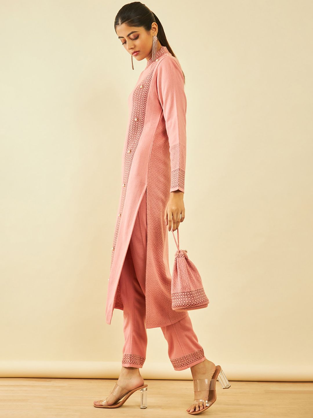Dhiyona SO Women's Pink Self Design Regular Straight Kurta & Trousers With Potli Bag