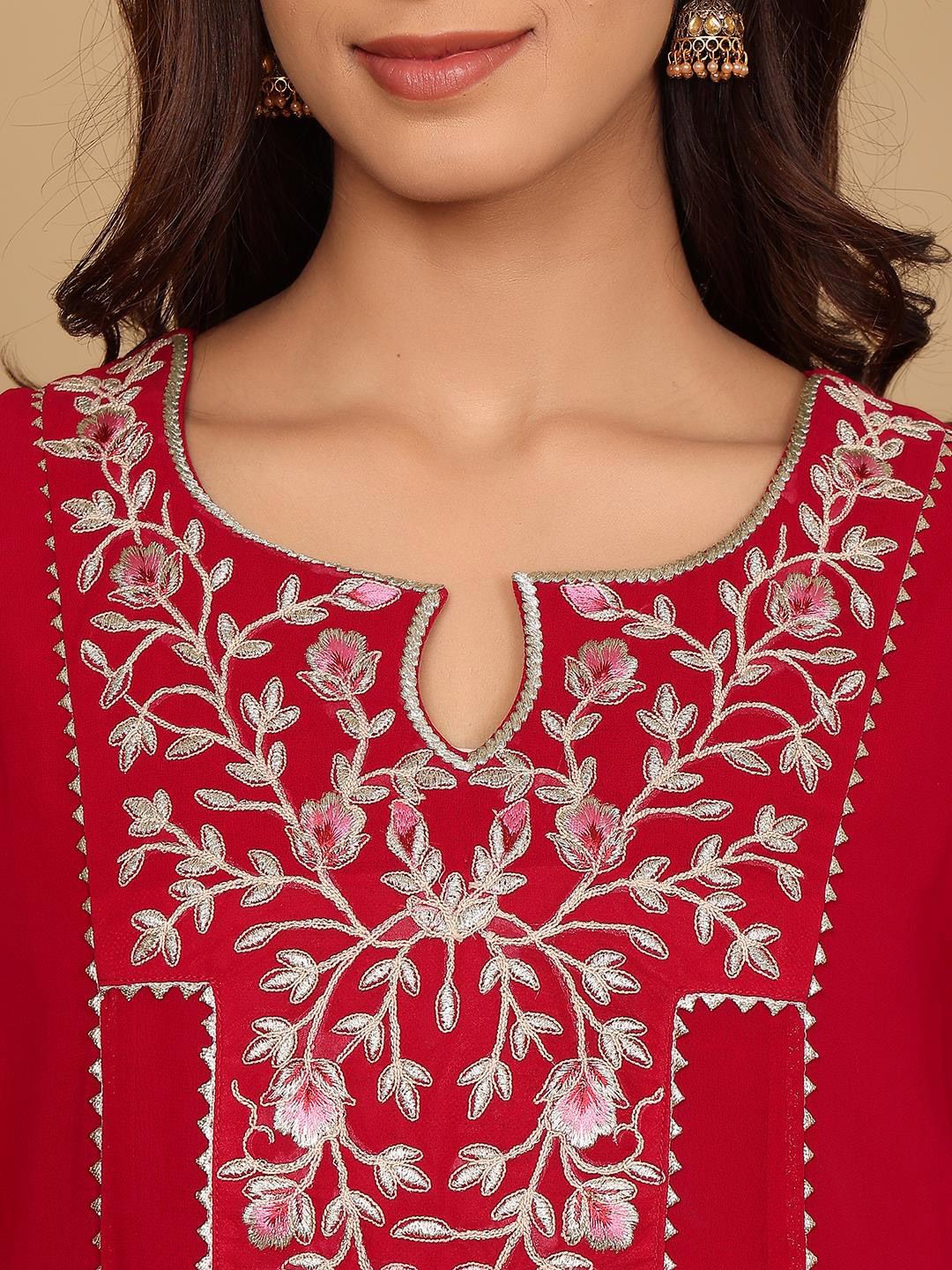 Dhiyona VA Women'sMagenta Floral Embroidered Panelled Silk Georgette Kurta With Trouser With Dupatta