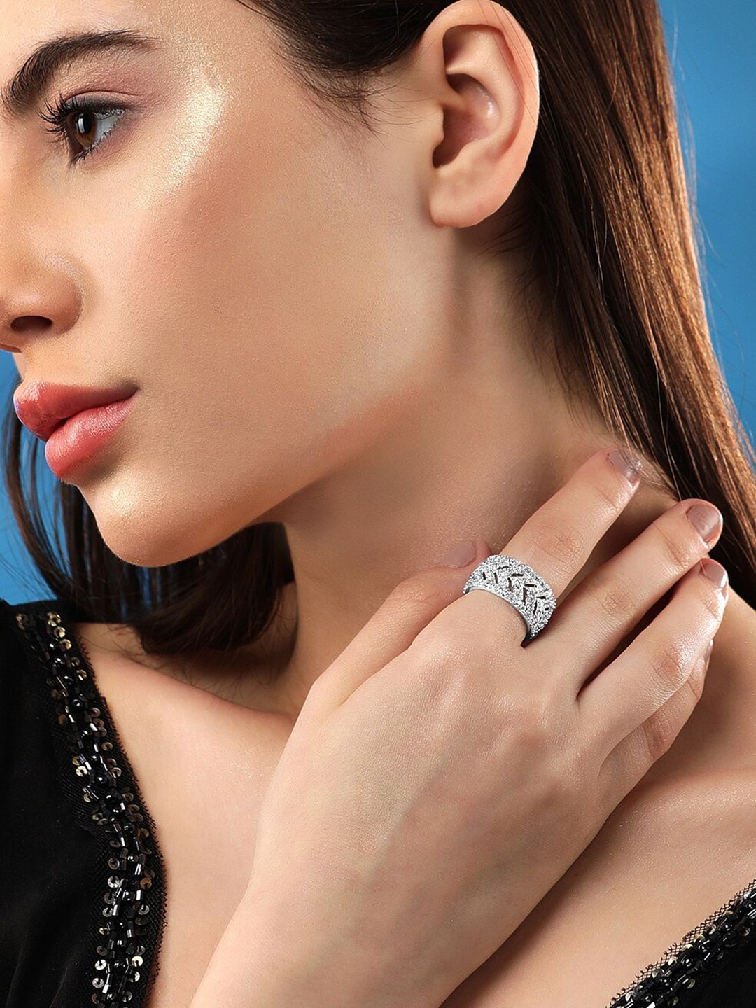 Dhiyona RJ Women's Rhodium-Plated Cubic Zirconia Stone-Studded Finger Ring
