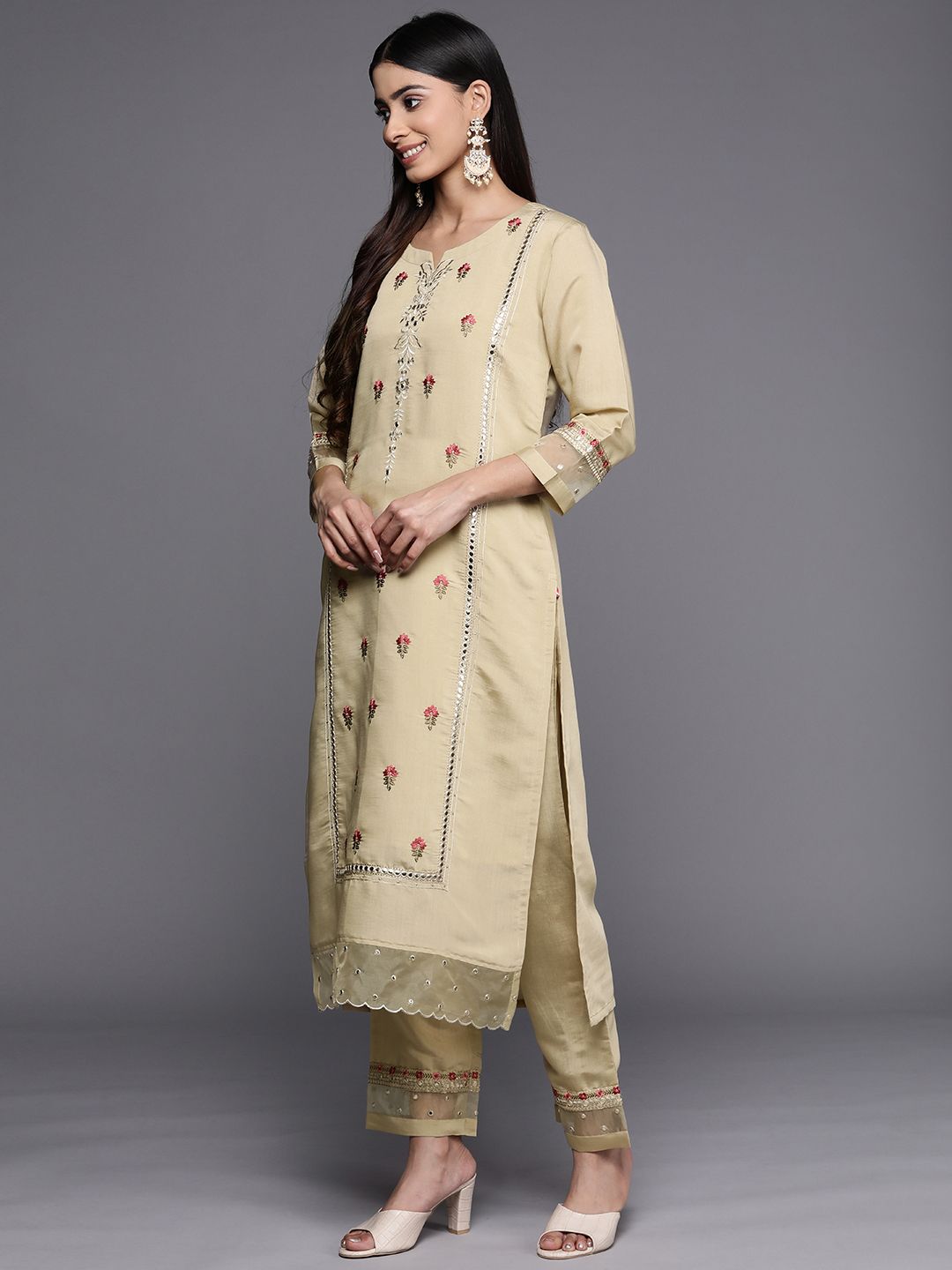 Dhiyona VA Women'sFloral Embroidered Mirror Work Kurta with Trousers & Dupatta