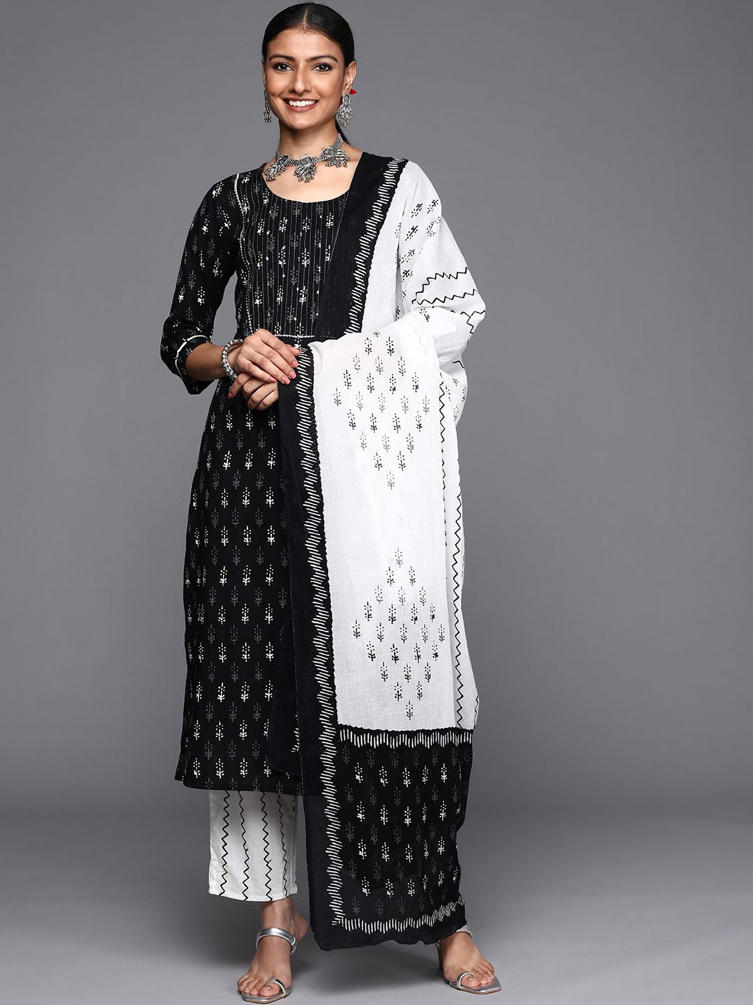Dhiyona VA Women's Black Ethnic Motifs Printed Pure Cotton Kurta with Trousers & Dupatta