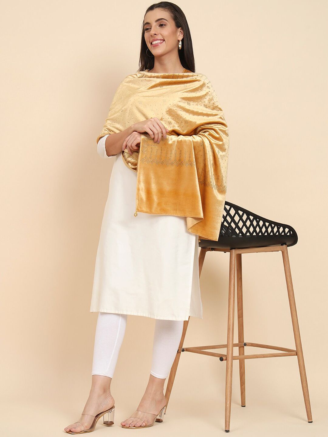 Dhiyona PA Embellished Beads & Stones Velvet Shawl