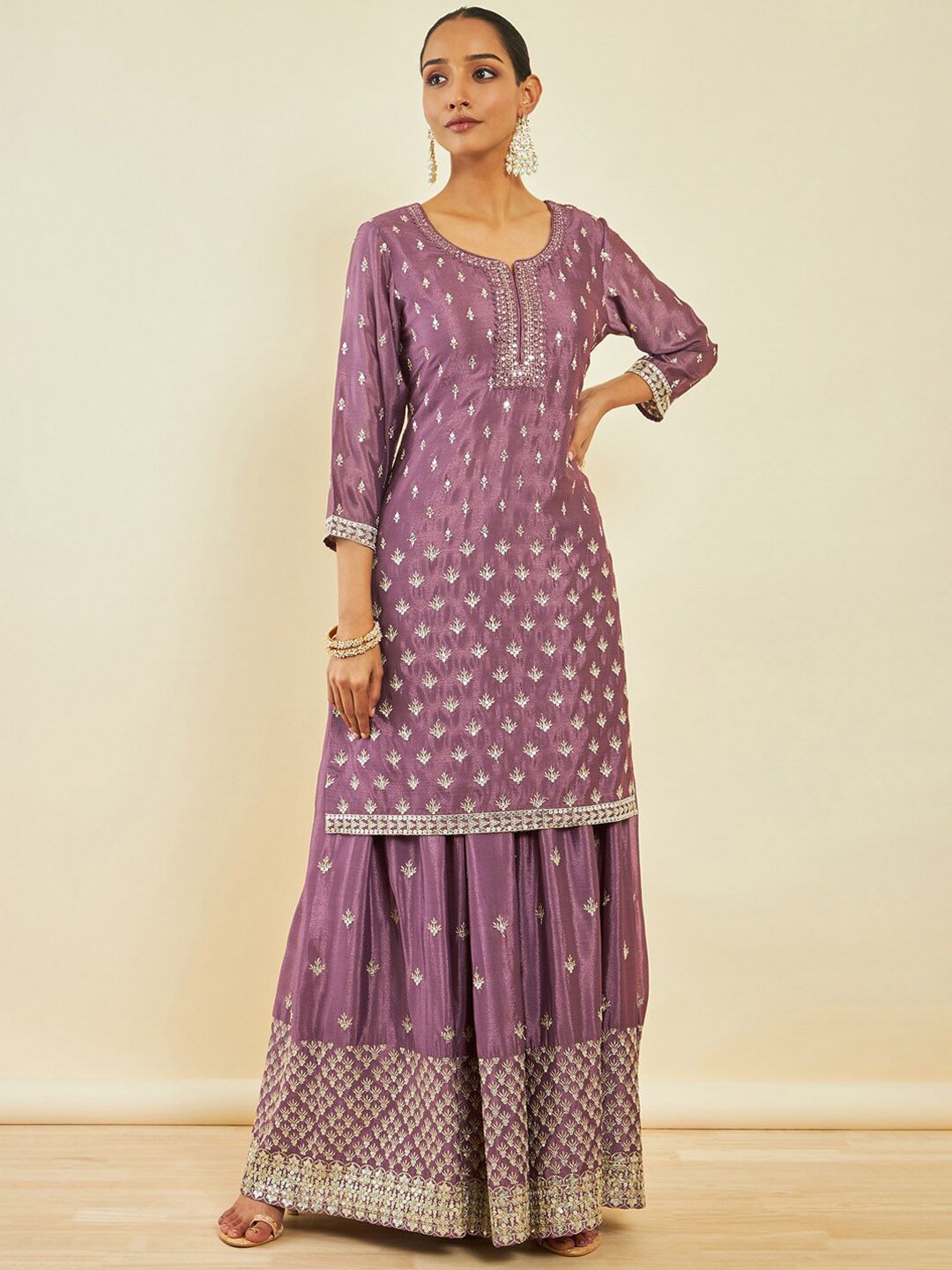Dhiyona SO Women's Ethnic Motifs Embroidered Sequinned Kurta with Palazzos & Dupatta