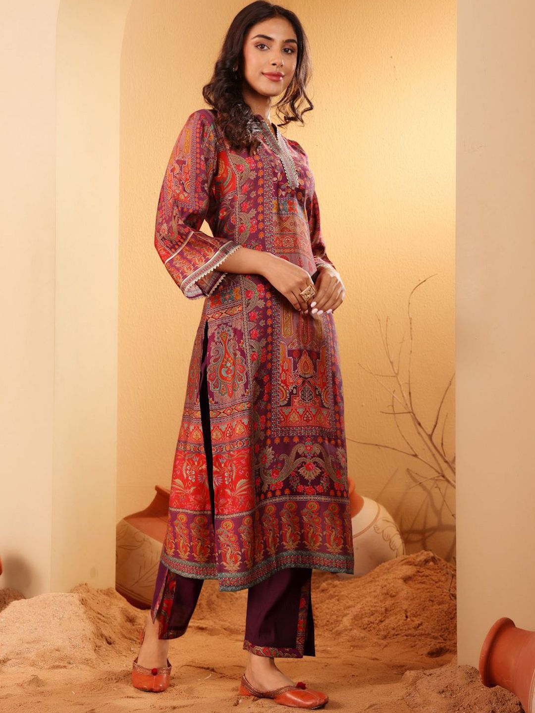 Dhiyona VA Women'sEthnic Motifs Printed Mandarin Collar Gotta Patti Chanderi Silk Kurta & Trousers