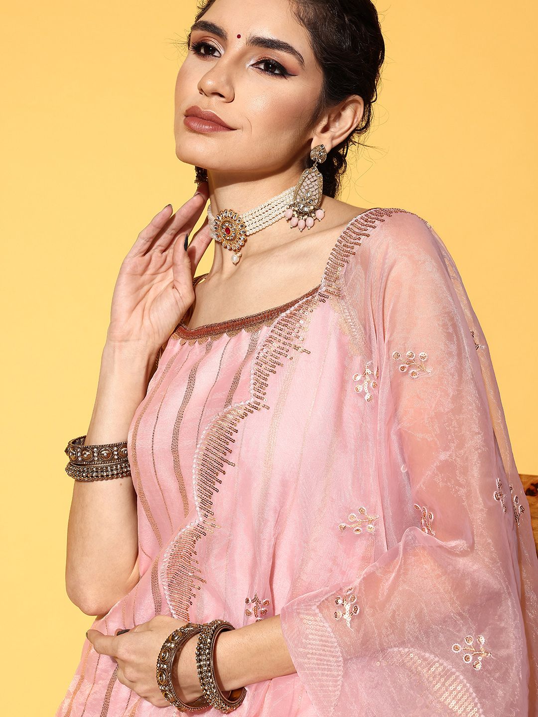 Dhiyona VA Women's Peach-Coloured Striped Kurta with Sharara & Dupatta