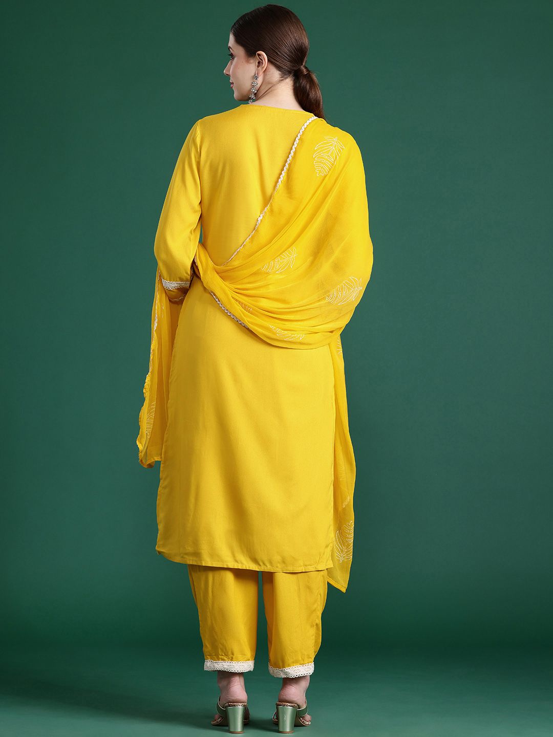 Embroidered Panelled Mirror Work Kurta With Trousers & Dupatta