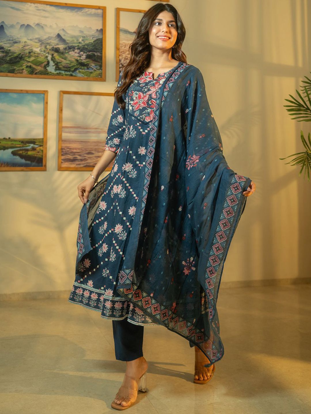 Dhiyona IE Floral Printed Beads & Stones Pure Cotton A-Line Kurta With Trousers & Dupatta
