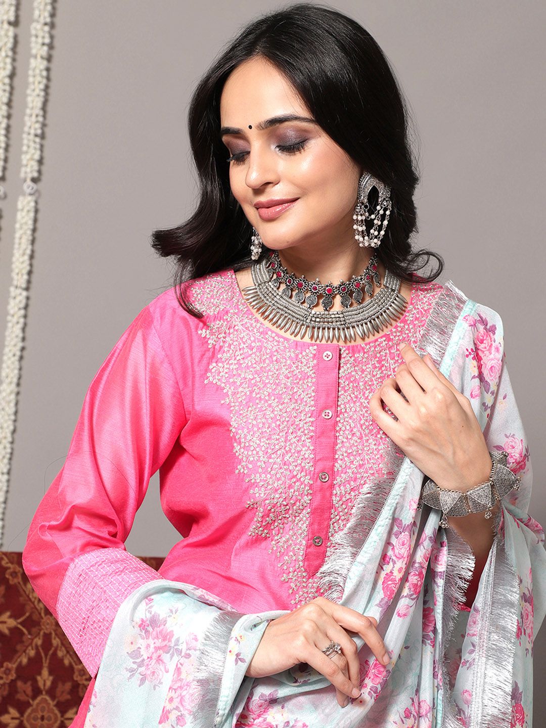 Dhiyona VA Women's Pink Yoke Design Sequinned Chanderi Silk Kurta with Palazzos & With Dupatta