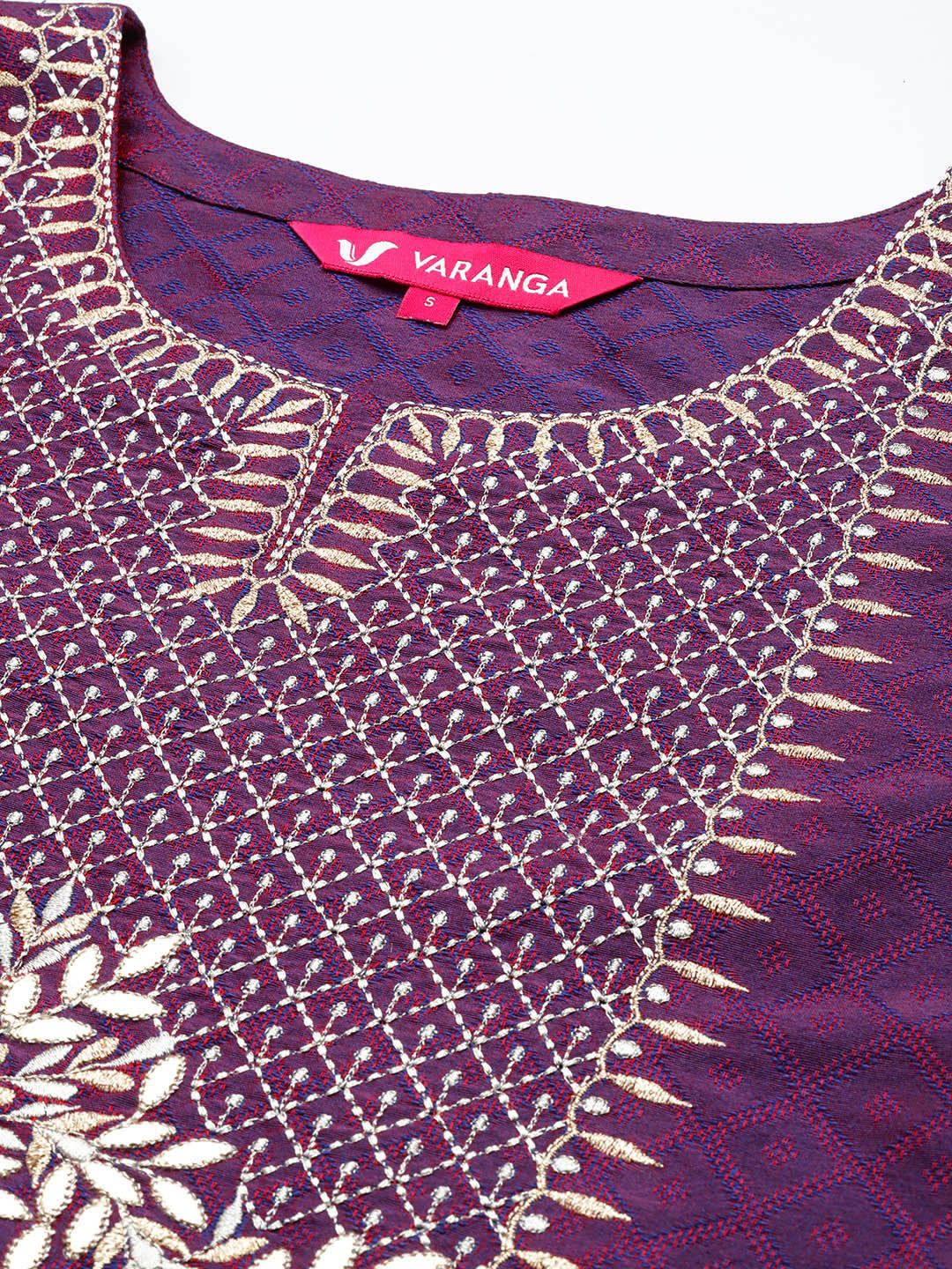 Dhiyona VA Women'sPurple Geometric Woven Design Thread Work Jacquard Kurta with Trousers & Dupatta