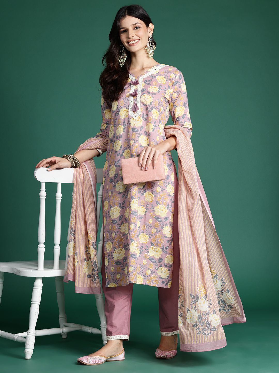 Women Floral Printed Thread Work Pure Cotton Kurta With Trousers & Dupatta