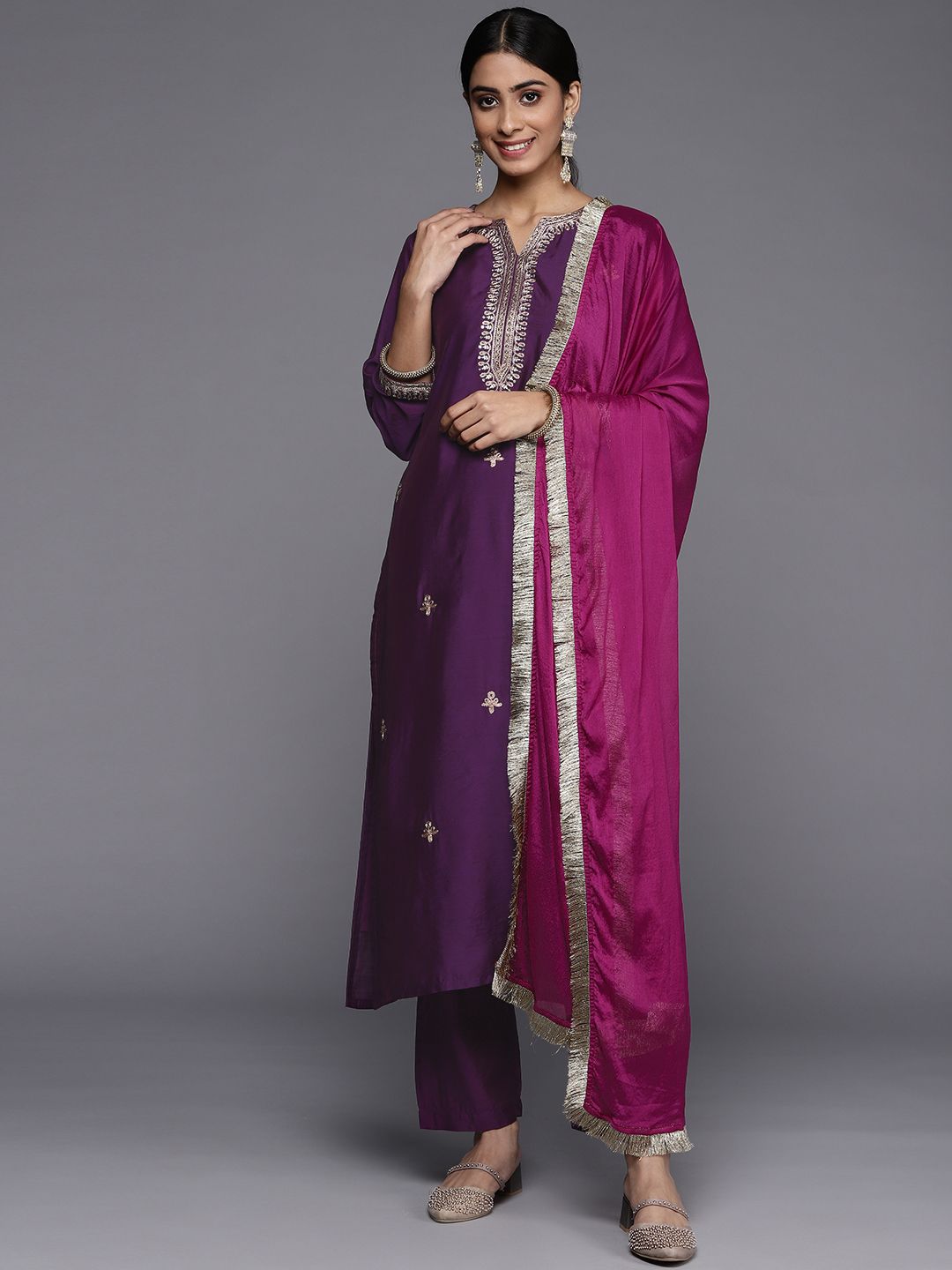 Dhiyona VA Women's Purple Ethnic Motifs Embroidered Kurta with Trousers & With Dupatta