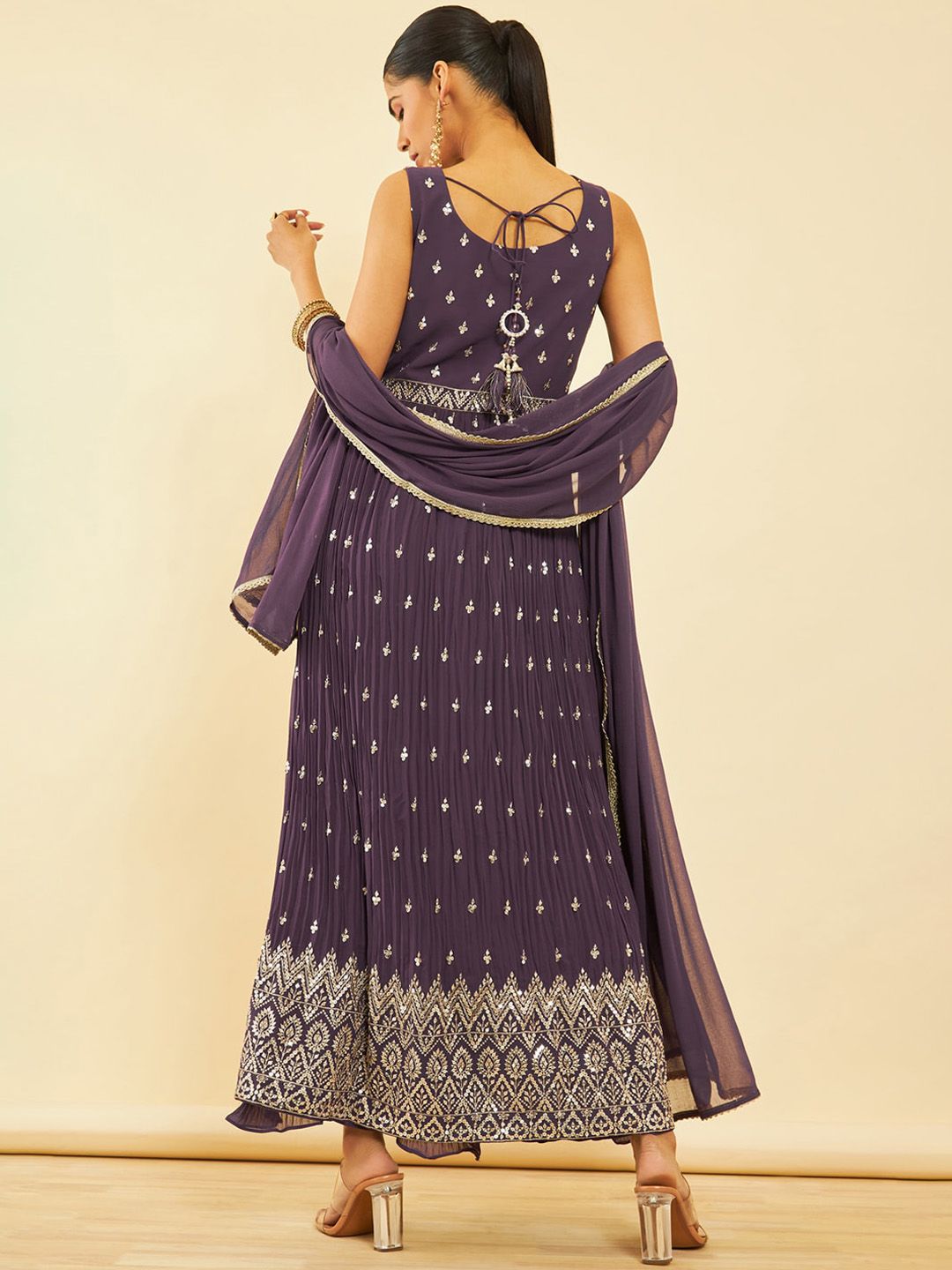 Dhiyona SO Women's Ethnic Motifs Embroidered Sequinned Georgette Kurta with Palazzos & Dupatta