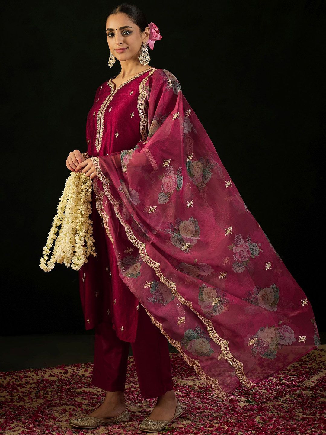 Dhiyona IE Floral Embroidered Straight Kurta with Trousers & Dupatta