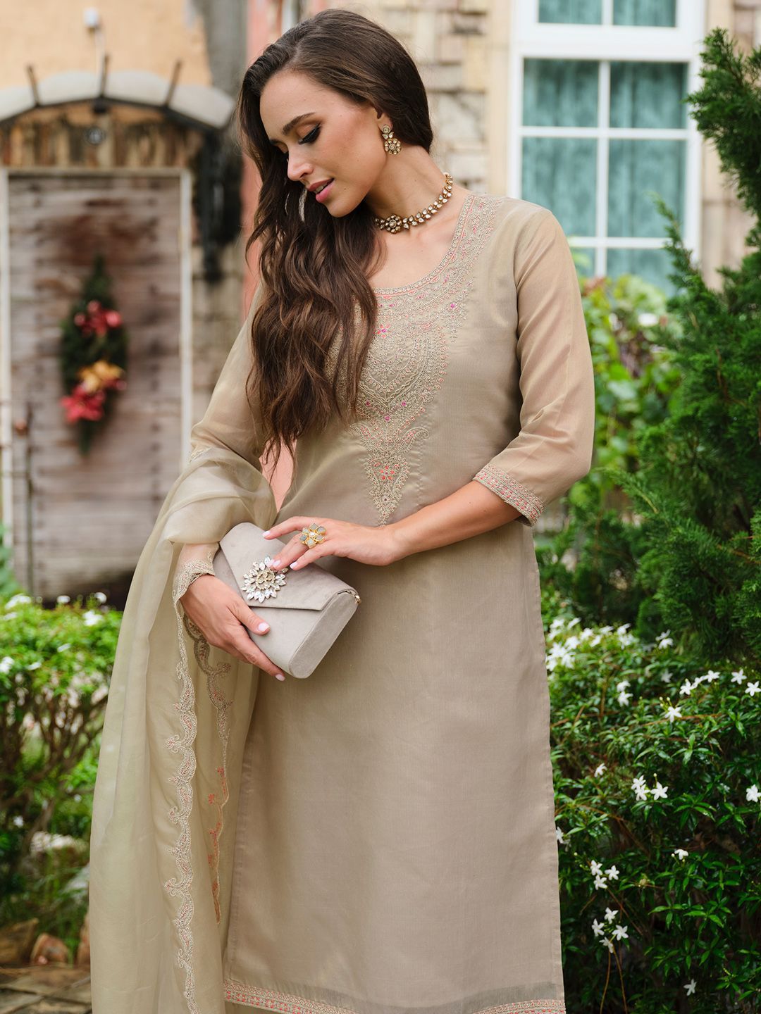 Floral Yoke Design Sequnnied Straight Kurta With Trousers & Dupatta