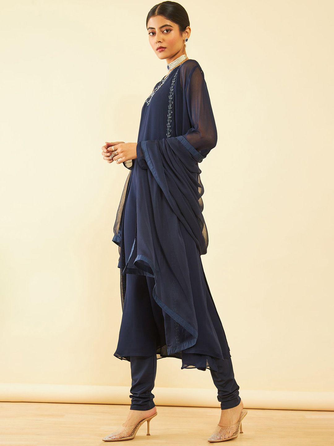 Dhiyona SO Women's Blue Yoke Design Keyhole Neck Bead Georgette Kurta with Churidar & Dupatta with Shrug