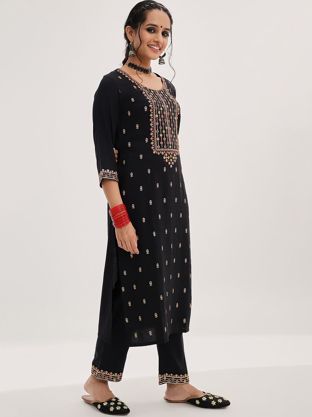 Dhiyona VA Women'sBlack Ethnic Motifs Embroidered Sequinned Straight Kurta & Trousers With Dupatta