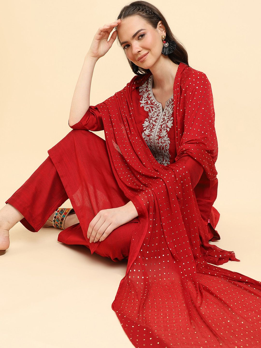 Dhiyona VA Women'sRed Ethnic Motifs Yoke Design Thread Work Kurta Wth Trousers & Dupatta