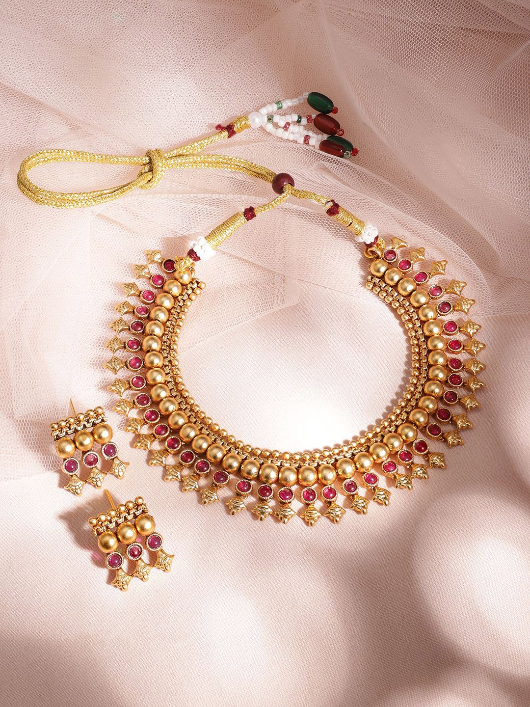 Dhiyona RJ Women's 22K Gold-Plated Ruby Studded Golden Beaded Traditional Necklace Set