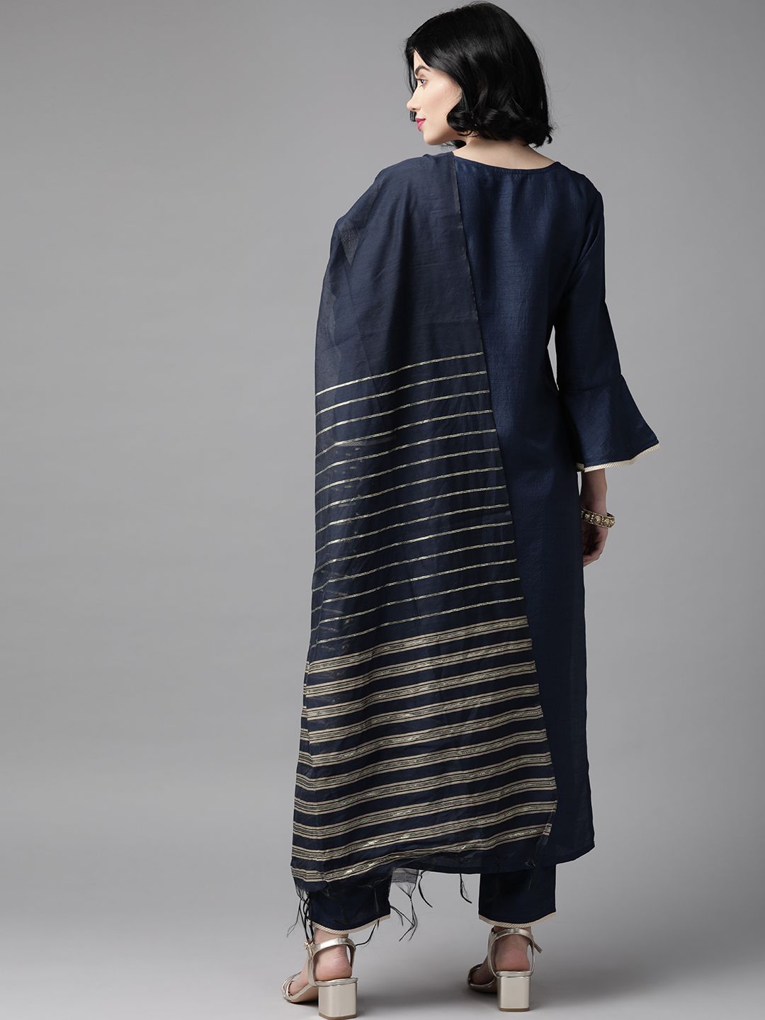 Dhiyona IE Women Navy Blue & Golden Yoke Design Kurta with Trousers & Dupatta