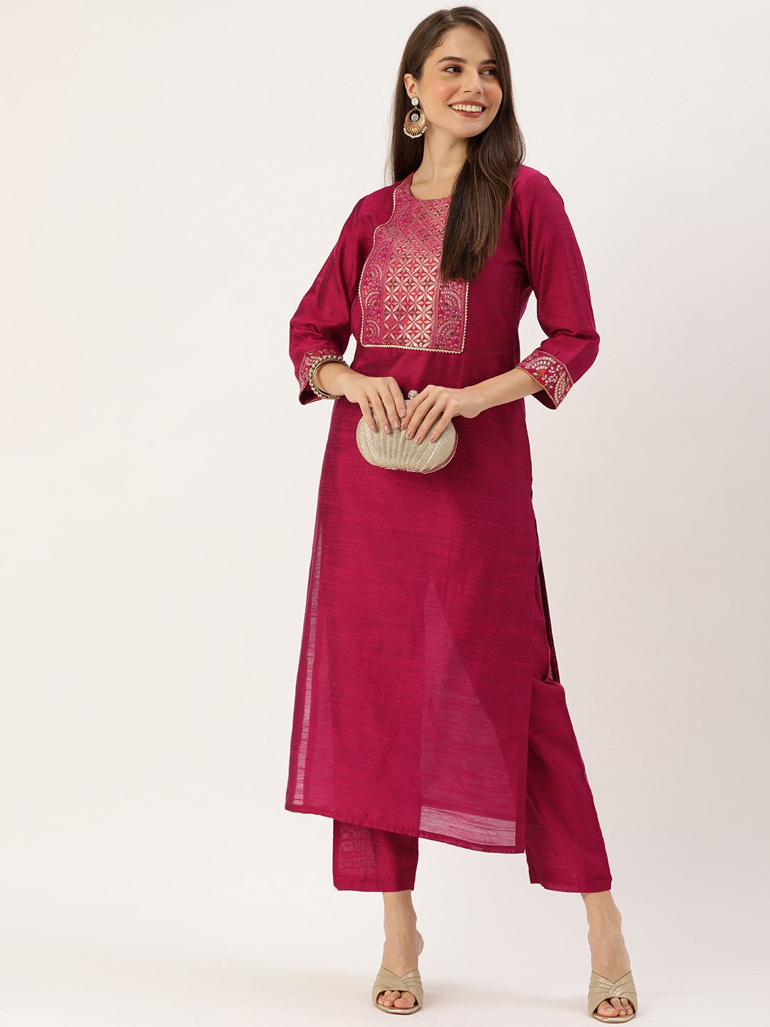 Dhiyona VA Women's Magenta Pink Yoke Woven Design Kurta with Trousers