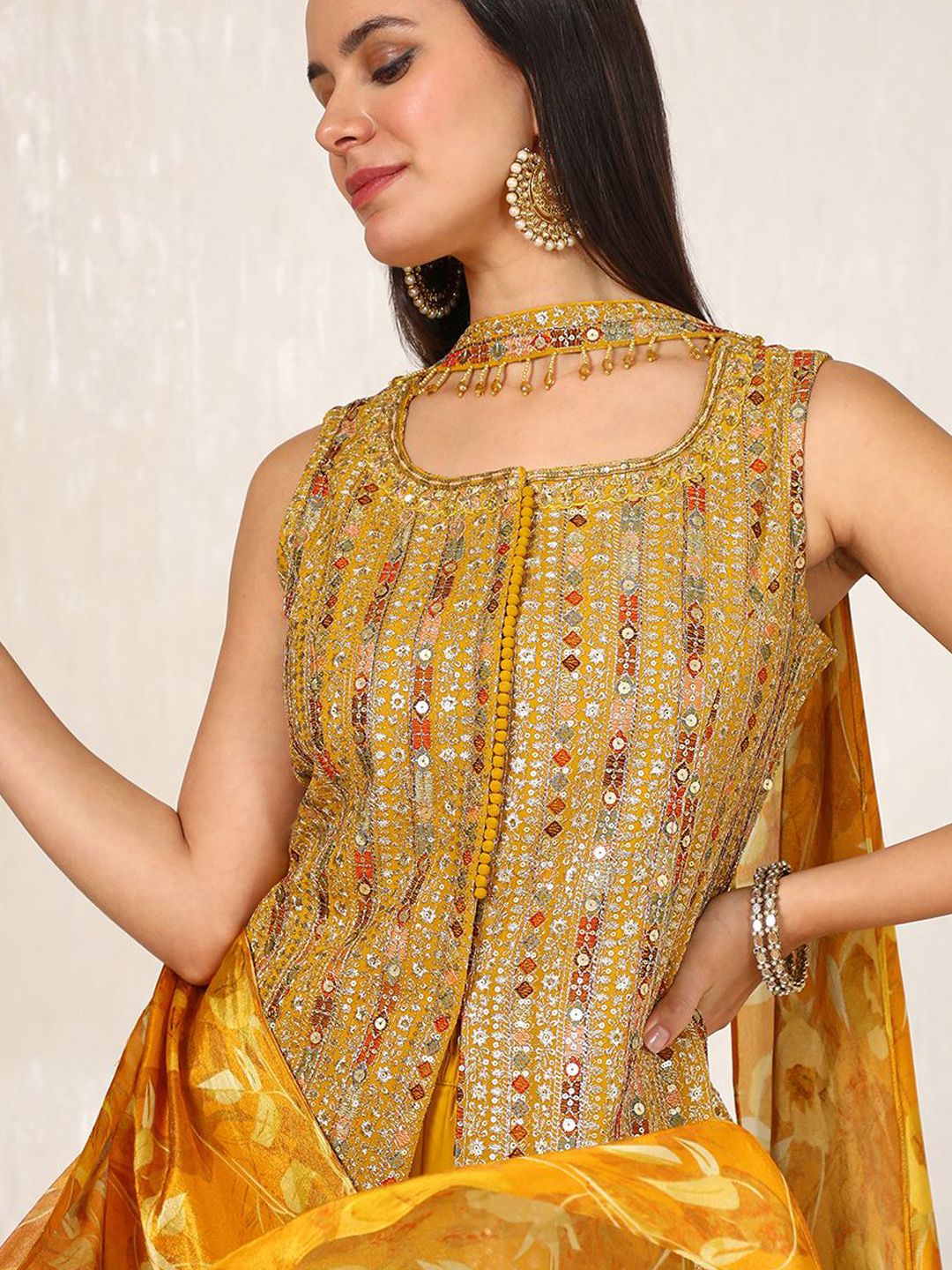 Dhiyona SO Women's Alina Cut Ethnic Motifs Embroidered Sequinned Kurti with Palazzos & With Dupatta