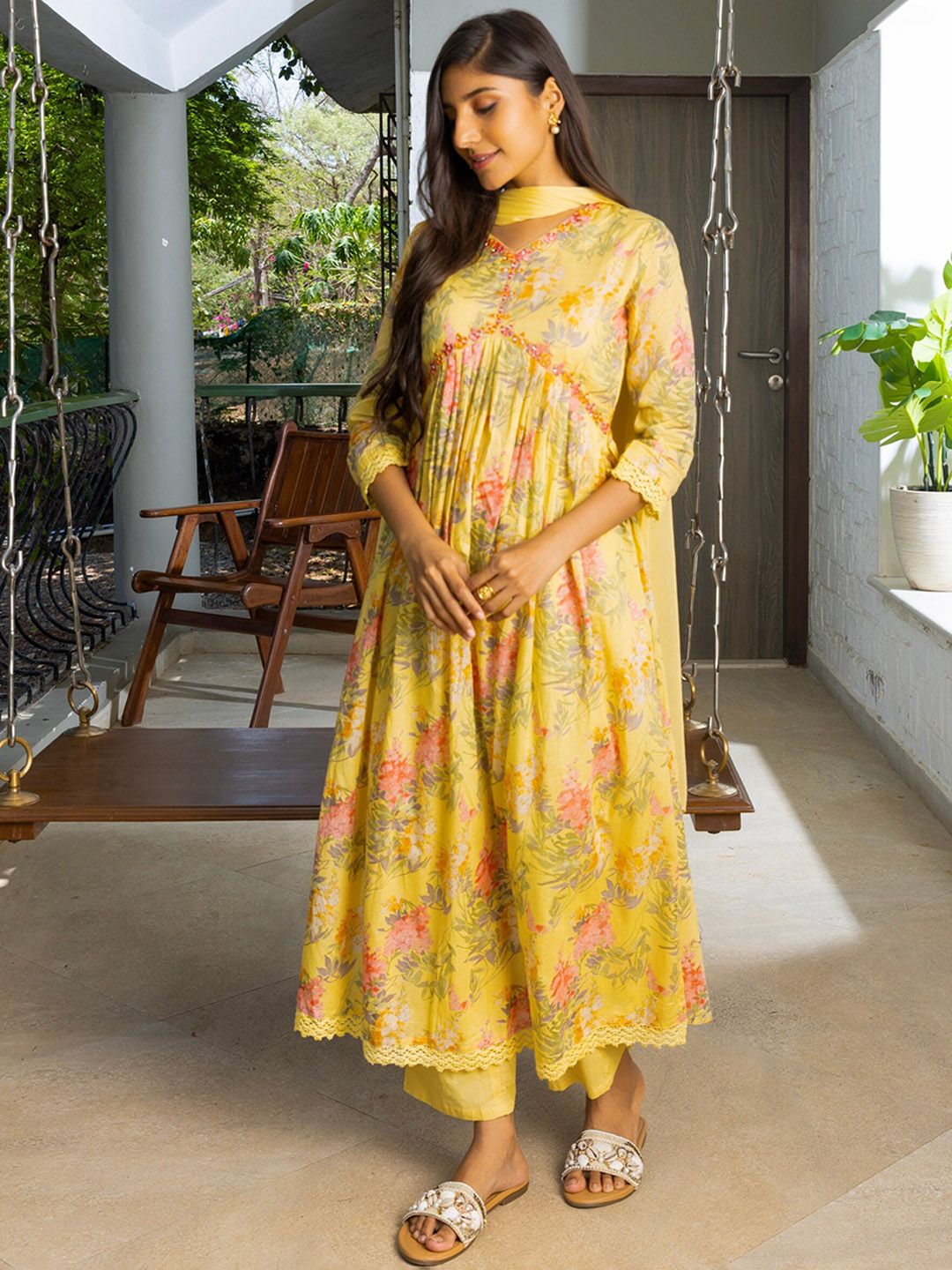 Dhiyona SN Women's Alia Cut Floral Printed Mirror Work Pure Cotton A Line Kurta With Trousers & Dupatta