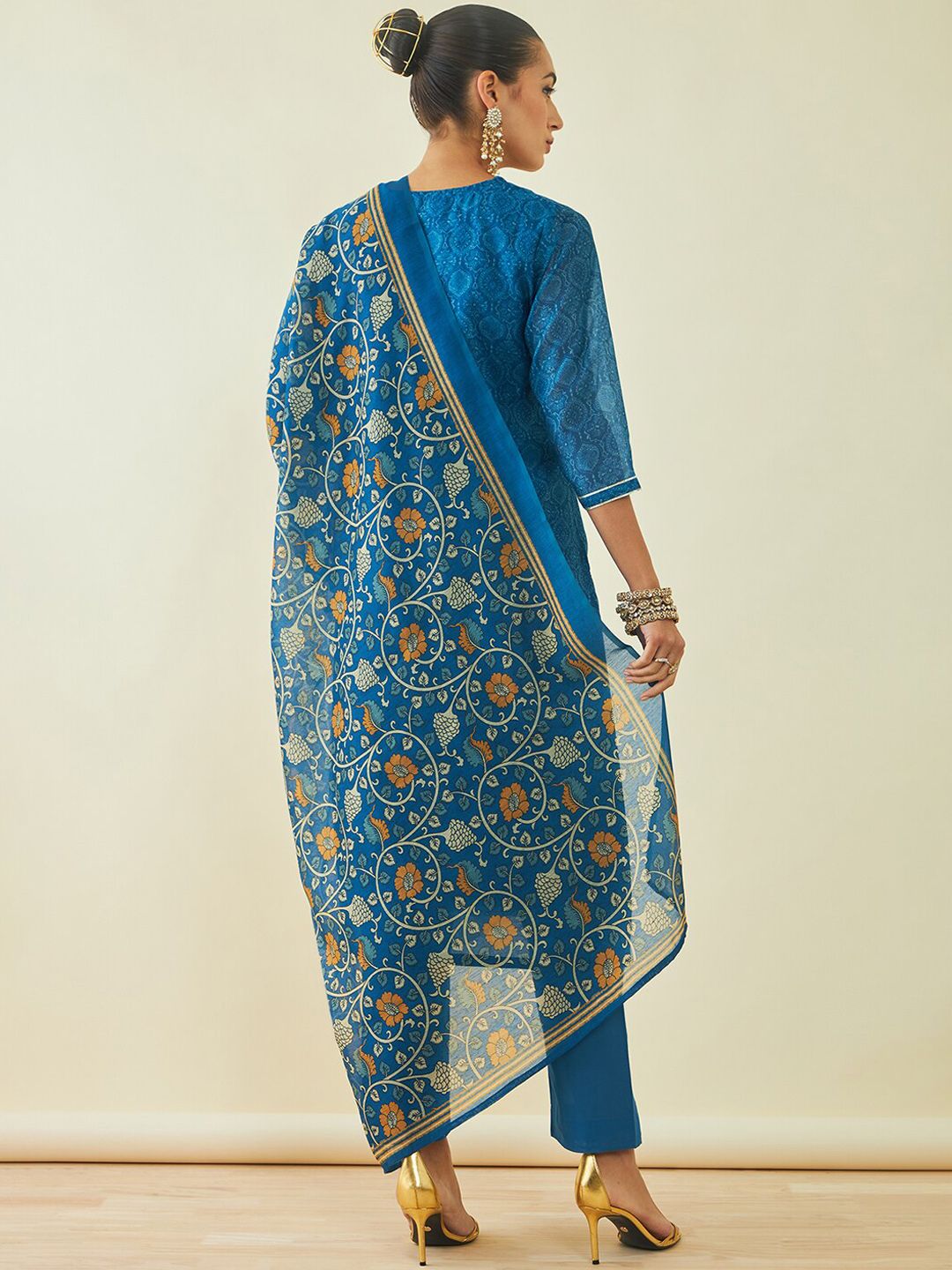 Dhiyona SO Women's Ethnic Motifs Printed Gotta Patti Chanderi Silk Kurta with Trousers & With Dupatta