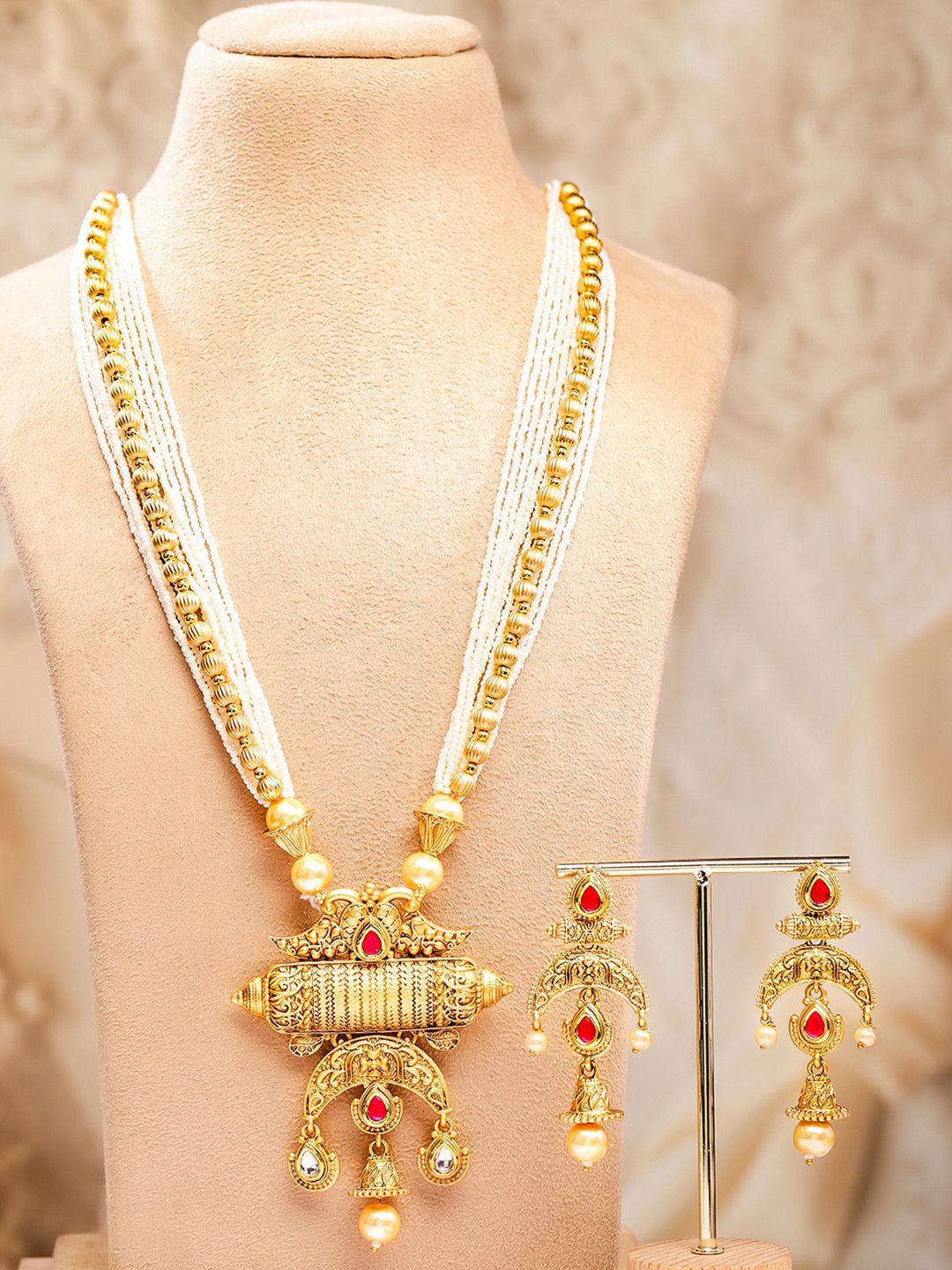 Dhiyona RJ Women's 18K Gold-Plated Red & White Stones Faux Pearl Multistarnd Temple Jewellery Set