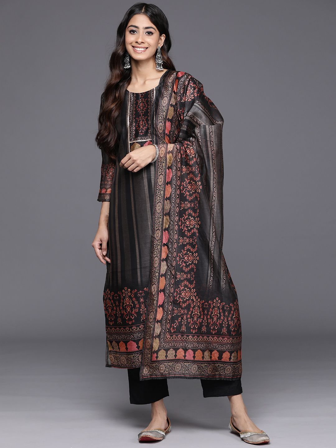 Dhiyona VA Women'sEthnic Motifs Printed Regular Chanderi Silk Kurta with Trousers & With Dupatta
