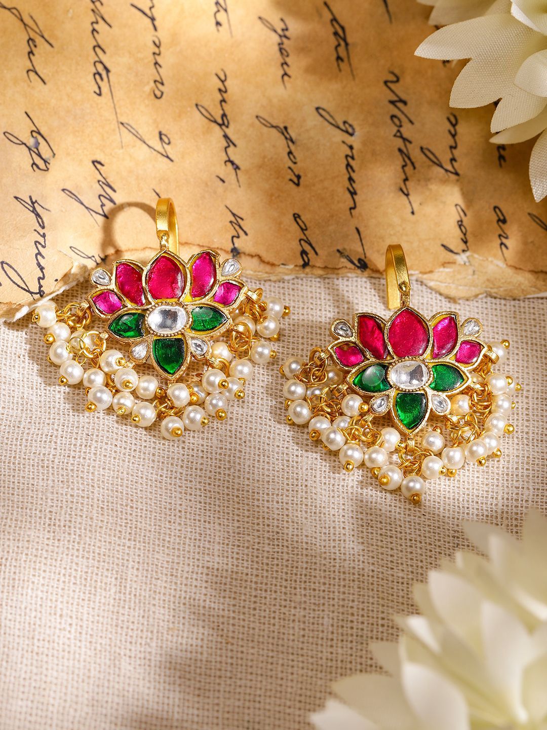 Dhiyona RJ Women's 22K Gold-Plated Ruby, Emerald & White Kundan Lotus Design Ear Cuff