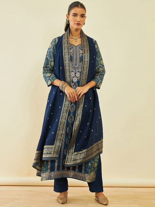 Dhiyona SO Women's Navy Blue Floral Printed Regular Beads and Stones Kurta with Trousers & Dupatta