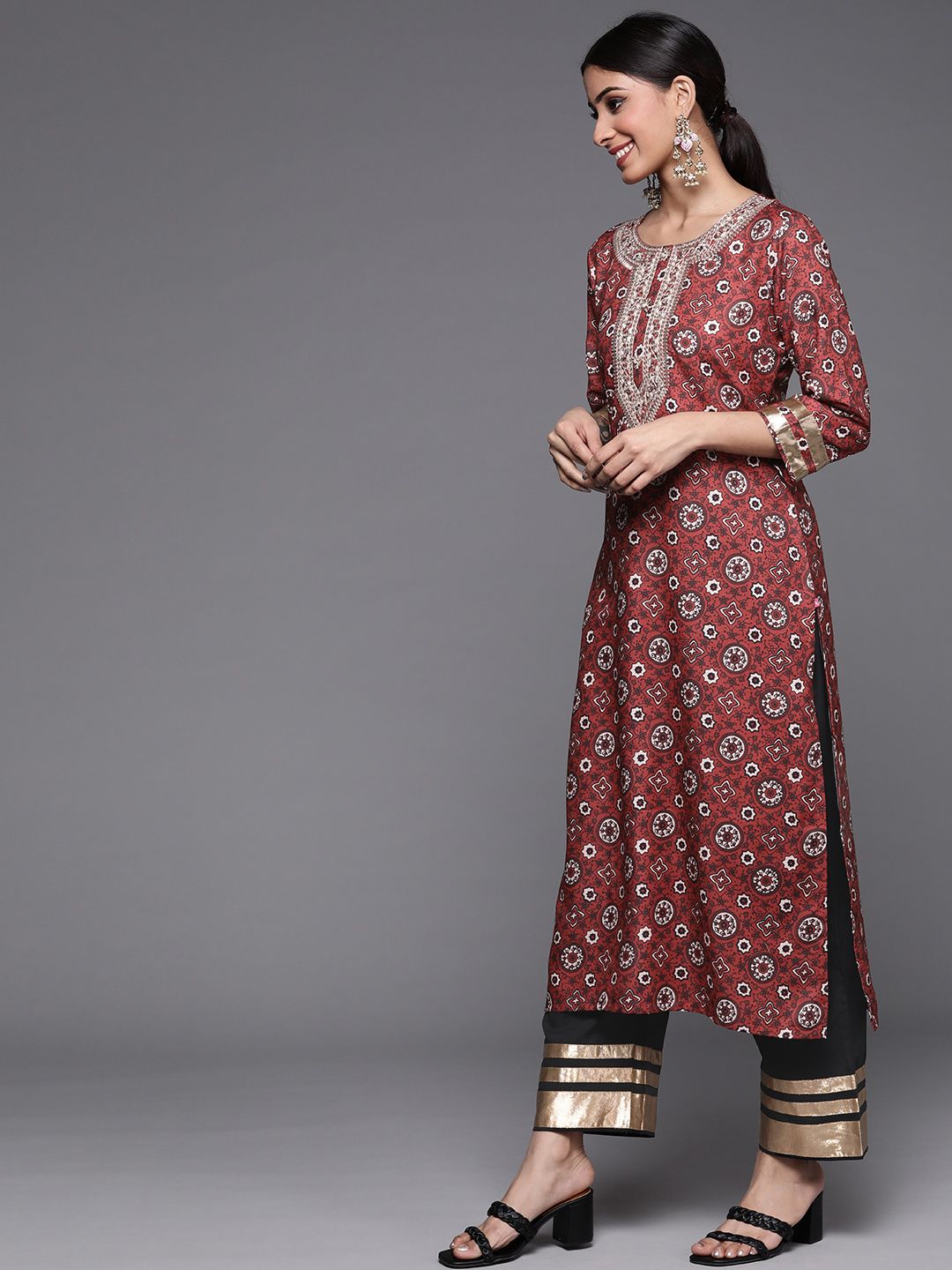 Dhiyona VA Women's Maroon Ethnic Motifs Embroidered Kurta with Palazzos