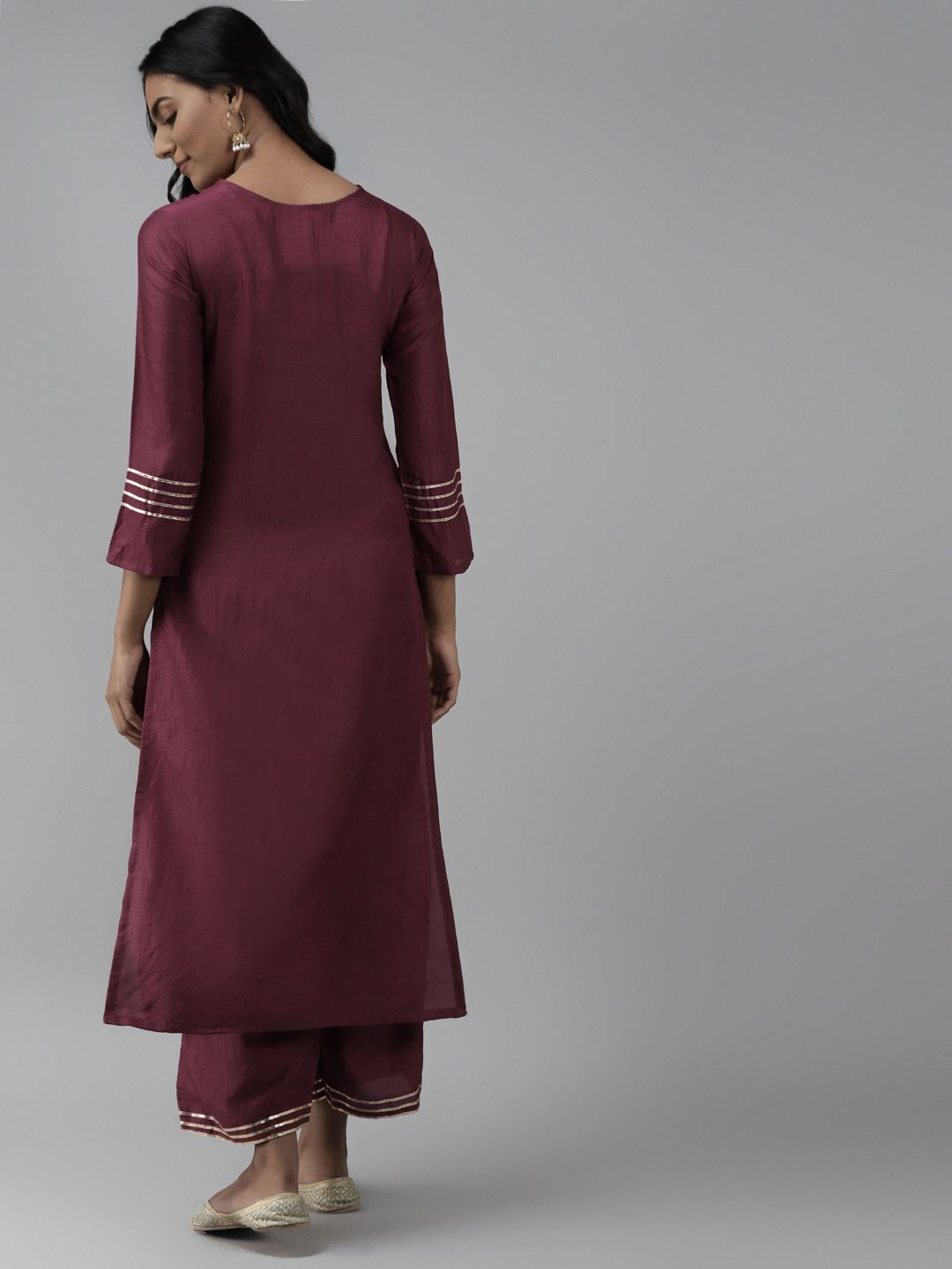 Dhiyona IE Women Maroon Yoke Design Regular Mirror Work Kurta with Palazzos