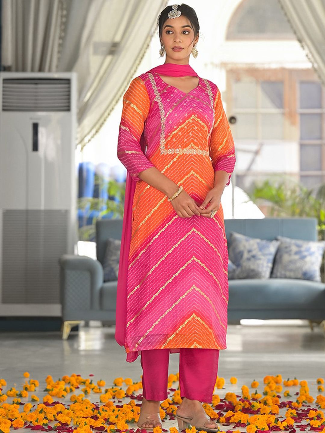 Dhiyona VA Women'sBandhani Printed Regular Gotta Patti Kurta with Trousers & With Dupatta