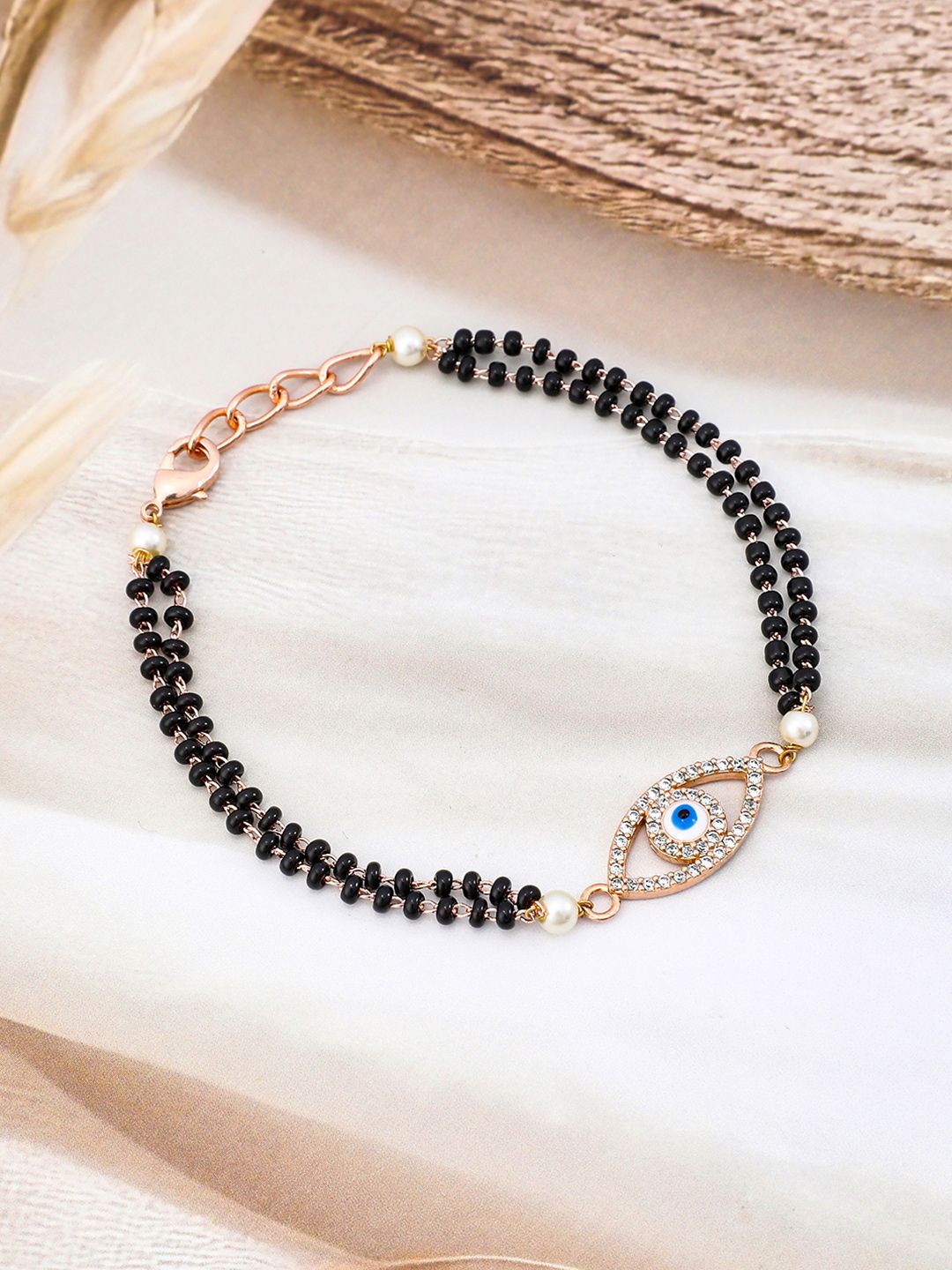 Dhiyona RJ Women's 18K Rose Gold-Plated Evil Eye Mangalsutra Bracelet with CubicZirconia & Black Beads