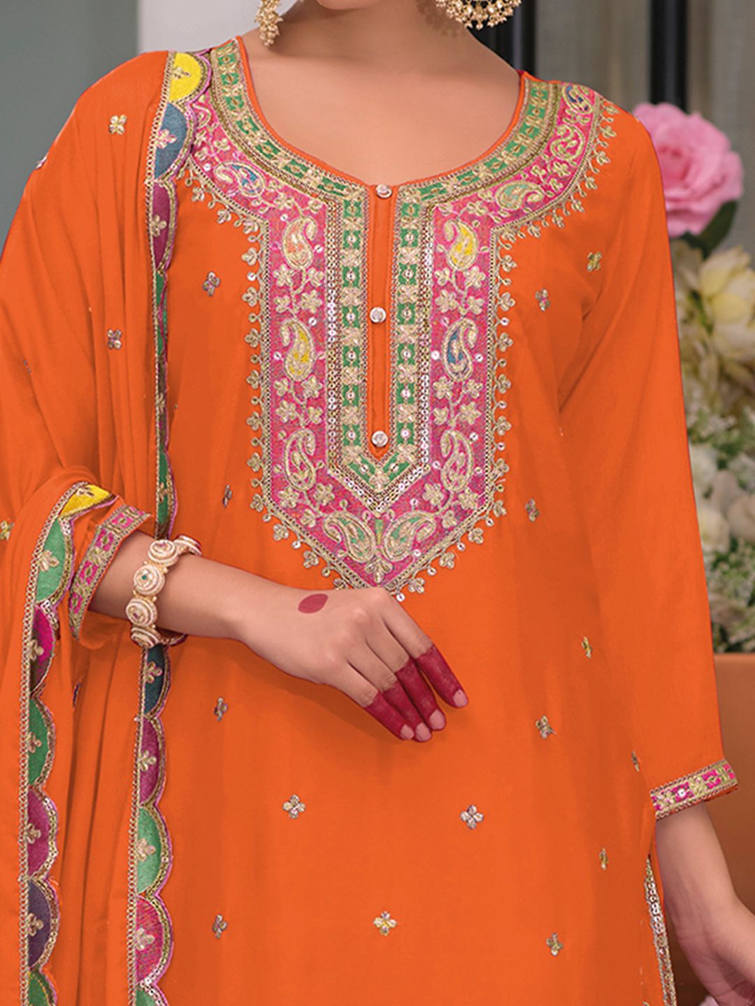 Dhiyona IE Floral Embroidered Sequinned Chinon Straight Kurta With Palazzos & Dupatta