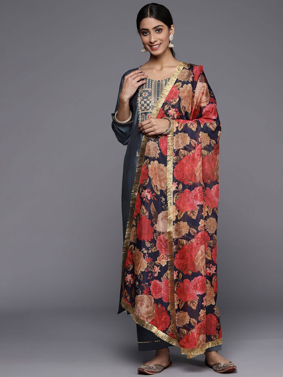 Dhiyona VA Women's Grey Ethnic Motifs Yoke Design Mirror Work Kurta with Trousers & With Dupatta