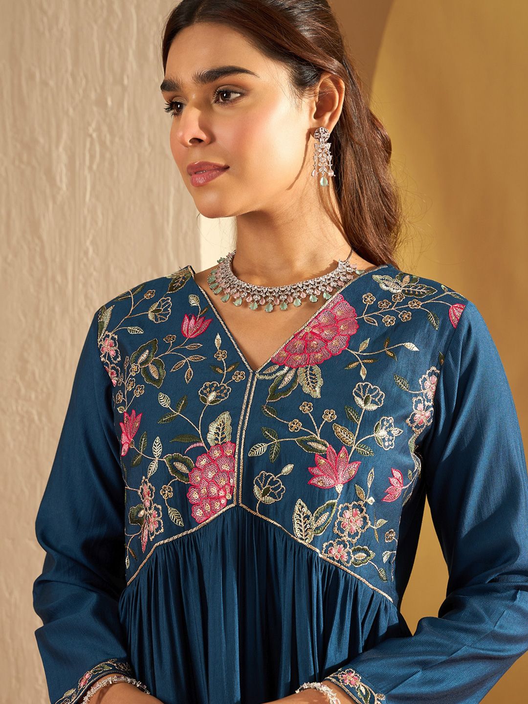 Dhiyona IE Floral Yoke Design Empire A-Line Sequinned Liva Kurta with Trousers