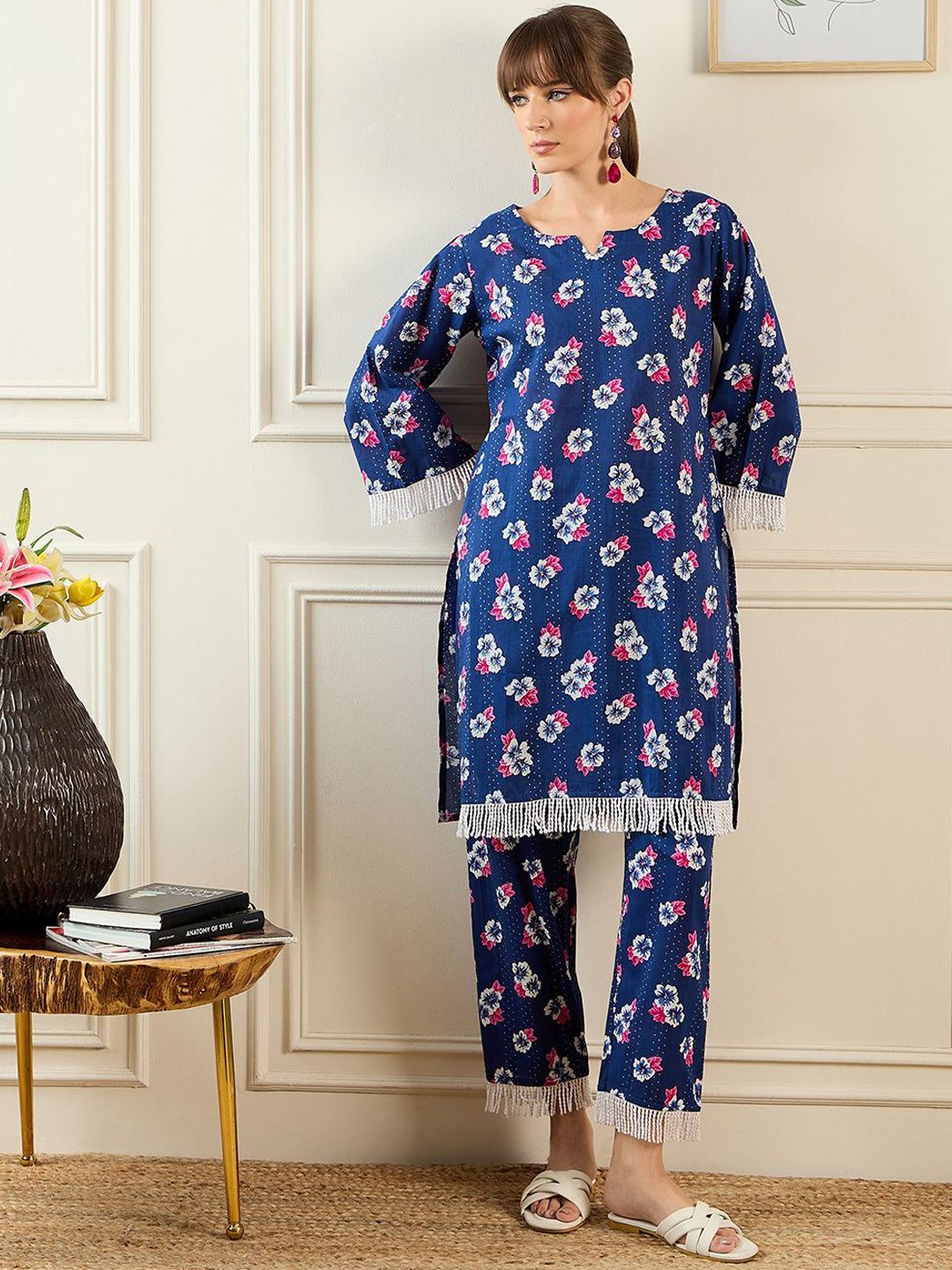 Dhiyona IE Floral Printed Sweetheart Collar Pure Cotton Tunic With Trouser