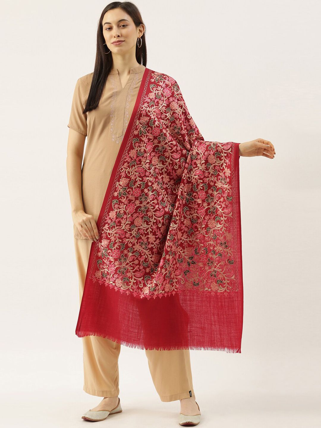 Dhiyona PA Women Maroon Nalki Hand Embroidered Woolmark Certified Pure Wool Shawl