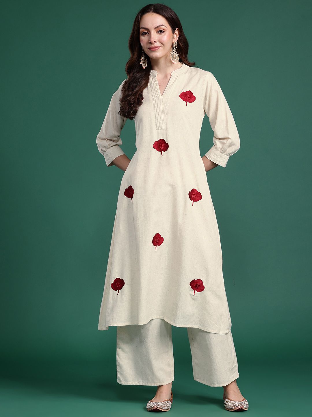 Dhiyona IE Women Floral Embroidered Thread Work Pure Cotton Kurta with Palazzos