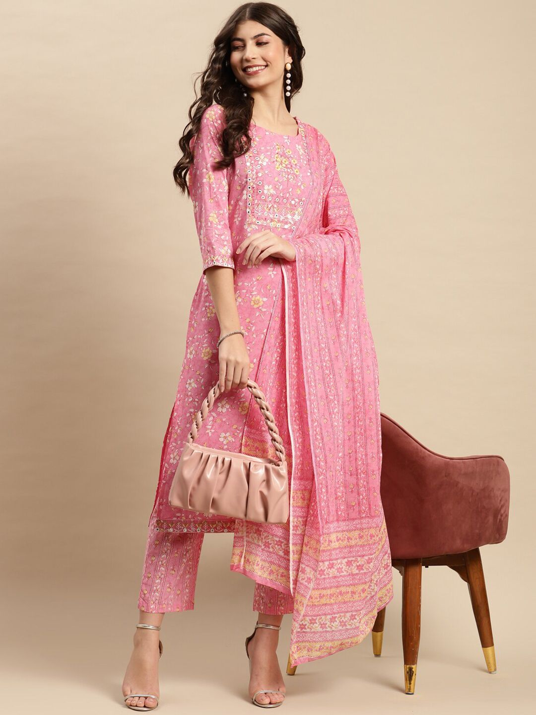 Dhiyona SN Women's Floral Printed Pure-Cotton Straight Kurta With Trouser & Dupatta