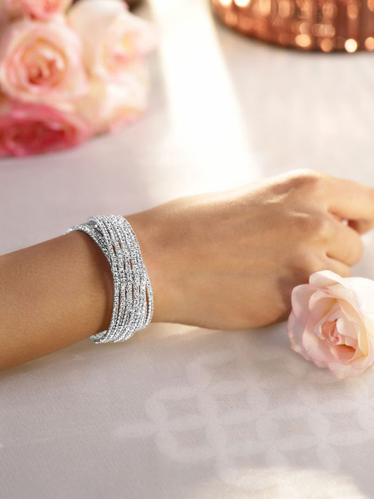 Dhiyona RJ Women's Rhodium-Plated Cubic Zirconia Stone Studded Cuff Openable Bracelet