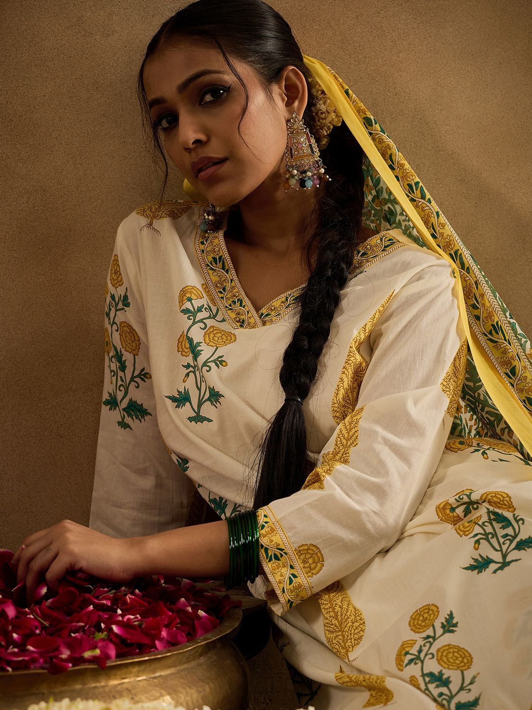 Floral Printed V-Neck Pure Cotton Straight Kurta With Trousers & Dupatta