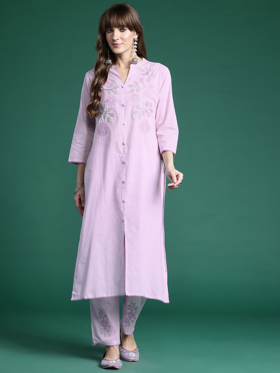 Dhiyona IE Floral Embroidered Thread Work Pure Cotton Kurta with Trousers