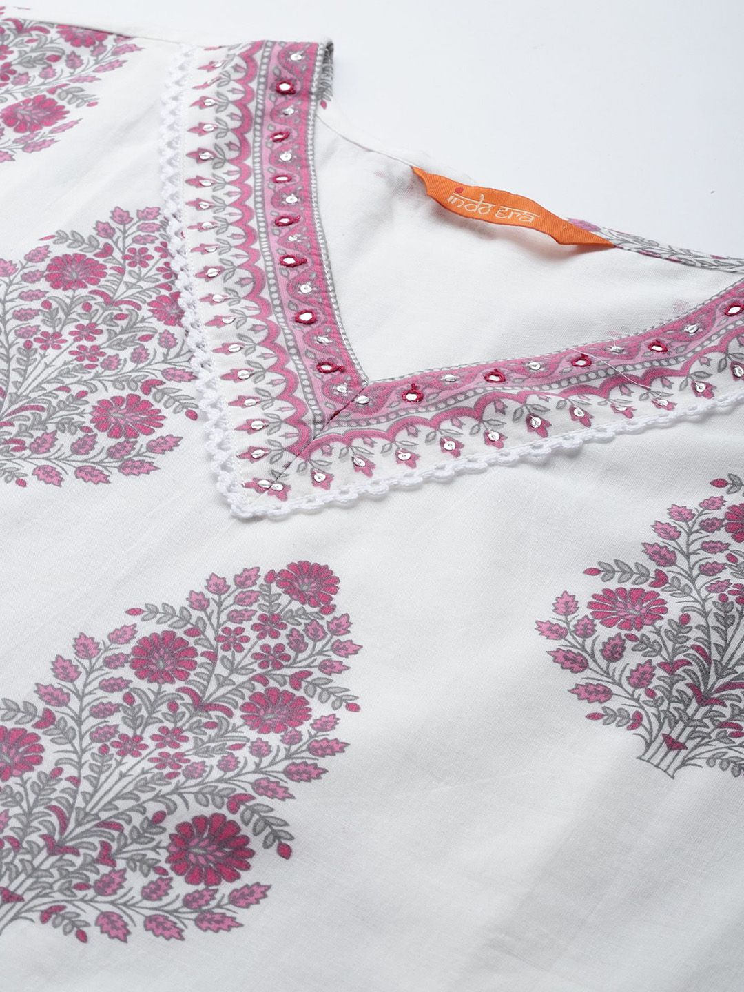 Floral Printed Sequinned V-Neck Pure Cotton Kurta with Trousers & Dupatta